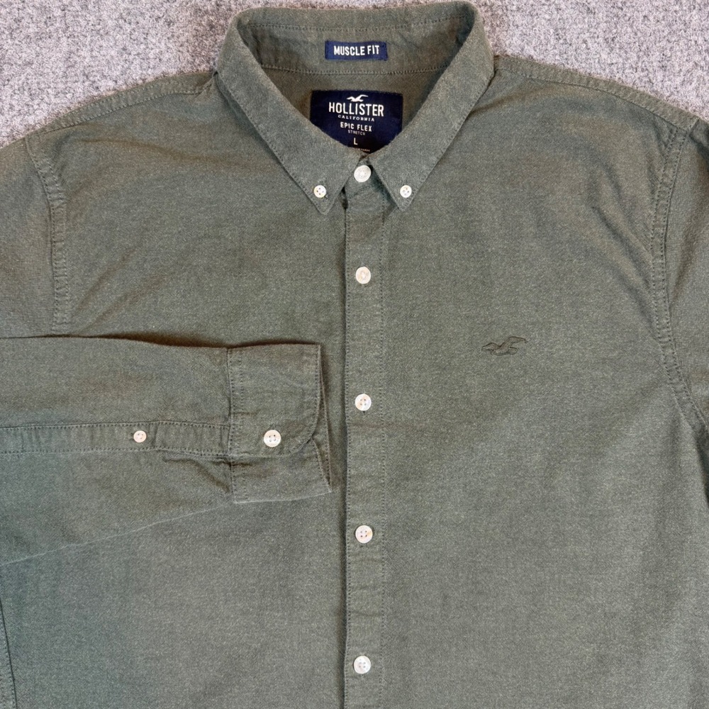 Hollister Epic Flex Muscle Fit Shirt Mens Large Olive Green Stretch Flannel L/S